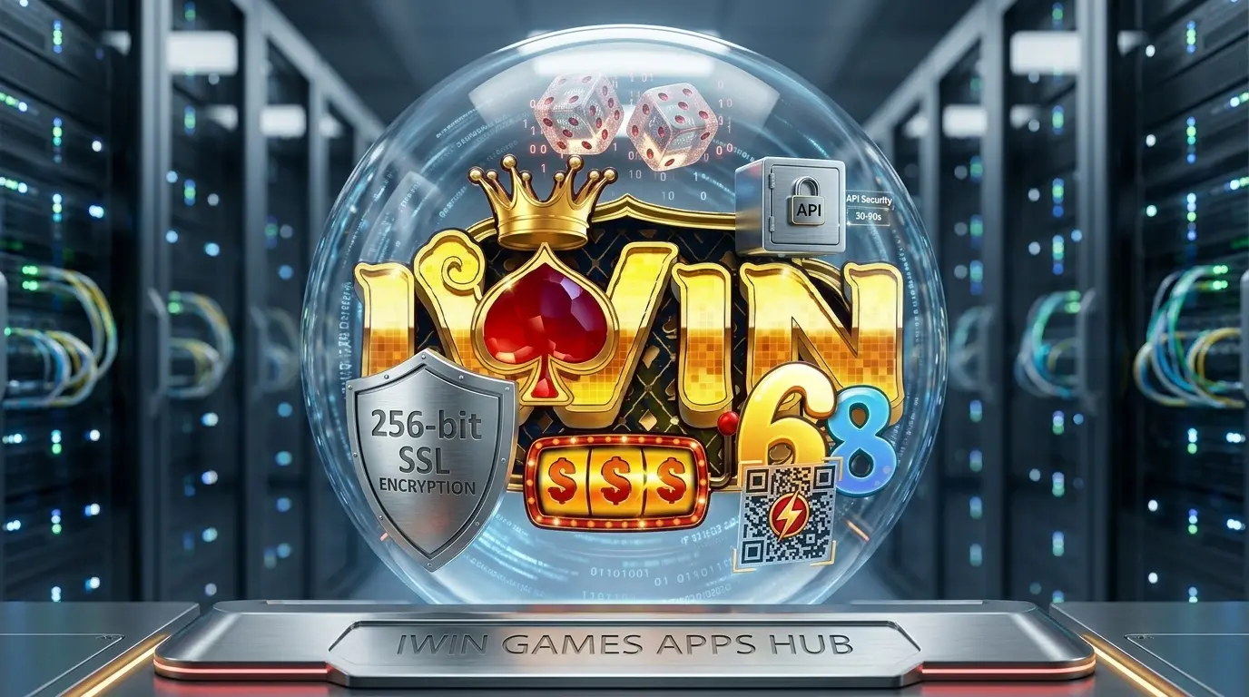 Giao diện mô phỏng hạ tầng kỹ thuật trò chơi IWIN, hiển thị các biểu tượng RNG thuật toán máy chủ và cổng thanh toán API tự động, bảo mật SSL 256-bit