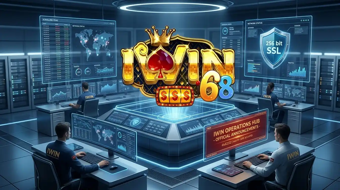 Giao diện trung tâm thông báo vận hành hệ thống IWIN chính thức, hiển thị dữ liệu thời gian thực và biểu tượng bảo mật SSL 256-bit